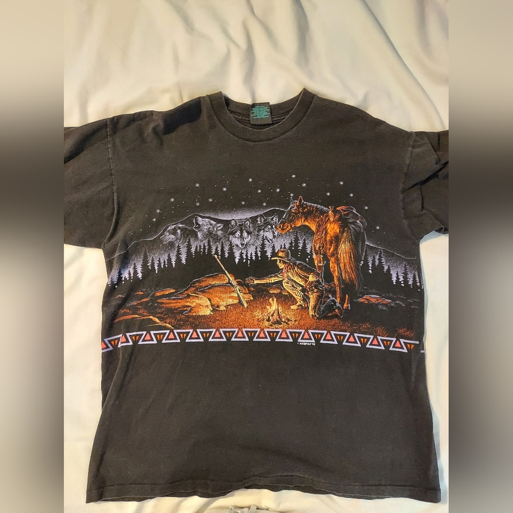 VTG 1992 Habitat Nebraska Cowboy Campfire T-Shirt XL AOP Single Stitch - Picture 11 of 11